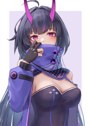 Rule 34 | 1girl, ahoge, bare shoulders, black gloves, black hair, blush, breasts, chinese commentary, cleavage, commentary request, gloves, hair intakes, hand up, high collar, highres, honkai (series), honkai impact 3rd, horns, jacket, large breasts, long hair, long sleeves, looking at viewer, open clothes, open jacket, purple eyes, purple jacket, raiden mei, raiden mei (herrscher of thunder), solo, strapless, upper body, very long hair, yelan xing xuan