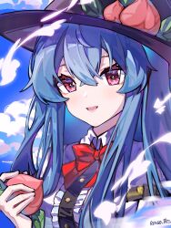 Rule 34 | 1girl, black hat, blue hair, bow, buttons, cloud, collared shirt, commentary request, crossed bangs, day, double-parted bangs, food, fruit, fruit hat ornament, hair between eyes, hat, highres, hinanawi tenshi, holding, holding food, holding fruit, long hair, open mouth, outdoors, peach, red bow, red eyes, ringo no usagi (artist), shirt, smile, solo, touhou, upper body, white shirt