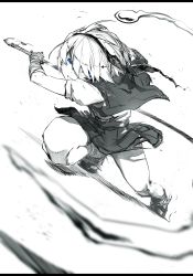 Rule 34 | 1girl, absurdres, bandages, bandaged arm, bandages, blue eyes, hair between eyes, hairband, highres, holding, holding sword, holding weapon, incoming attack, jumping, katana, konpaku youmu, looking at viewer, miniskirt, niwarhythm, open clothes, open vest, parted lips, pleated skirt, puffy short sleeves, puffy sleeves, shirt, short sleeves, skirt, solo, spot color, sword, touhou, vest, weapon
