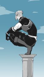 Rule 34 | 1boy, achilles (fate), armor, belt, blue sky, boots, cloud, facing away, fate/apocrypha, fate (series), gloves, haruakira, highres, male focus, monochrome, muscular, muscular male, pillar, ribbed shirt, shirt, short hair, sky, solo, squatting, thigh belt, thigh strap, undercut