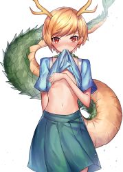 Rule 34 | 1girl, absurdres, antlers, aqua skirt, blonde hair, blue shirt, blush, clothes lift, covering breasts, covering privates, cowboy shot, dragon girl, dragon horns, dragon tail, highres, horns, kicchou yachie, leste (humansequencer), lifted by self, looking at viewer, midriff, mouth hold, navel, nose blush, pleated skirt, red eyes, shirt, shirt lift, short hair, skirt, solo, swept bangs, tail, touhou