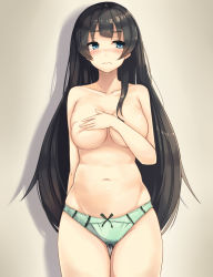 Rule 34 | 10s, 1girl, agano (kancolle), belly, black hair, blue eyes, blush, breasts, collarbone, covering privates, covering breasts, female focus, green panties, highres, kantai collection, large breasts, long hair, looking away, navel, panties, panties only, plan (planhaplalan), solo, tears, thigh gap, topless, underwear, underwear only