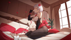 Rule 34 | 1girl, absurdres, bed, between legs, black gloves, black pantyhose, braid, breasts, closed eyes, detached collar, elbow gloves, flower, food, food in mouth, genshin impact, gloves, grey hair, hair flower, hair ornament, hand between legs, highres, holding, holding food, indoors, large breasts, light particles, no shoes, noelle (genshin impact), on bed, pantyhose, petals, popsicle, popsicle in mouth, red flower, red ribbon, ribbon, short hair, sitting, solo, thighband pantyhose, window, wo you yibei jia wanli