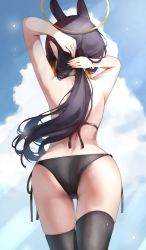 Rule 34 | 1girl, absurdres, alternate hairstyle, arms up, ass, bikini, black bikini, black thighhighs, facing away, from behind, halo, highres, holding, holding own hair, hololive, hololive english, ninomae ina&#039;nis, ponytail, scarlet (wv0102), side-tie bikini bottom, solo, swimsuit, thighhighs, tying hair, virtual youtuber