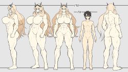 Rule 34 | 1boy, 1girl, abs, absurdres, ass, blonde hair, blue eyes, breasts, barghest (fate), fate/grand order, fate (series), fujimaru ritsuka (male), height, height chart, height comparison, height difference, heterochromia, highres, horns, huge breasts, long hair, muscular, muscular female, nude, size chart, size comparison, size difference, tall, tall female, thick thighs, thighs, wide hips, wtwinmkii2nd
