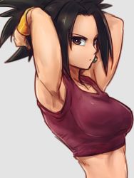 Rule 34 | 1girl, armpits, arms up, black hair, bracer, breasts, brown eyes, closed mouth, collarbone, commentary request, dragon ball, dragon ball super, earrings, expressionless, flat color, fusion, grey background, jewelry, kefla (dragon ball), kemachiku, looking at viewer, medium breasts, potara earrings, red shirt, shirt, solo, spiked hair, stomach, tank top, toned