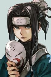 Rule 34 | 1boy, androgynous, black hair, ears visible through hair, forehead protector, grey eyes, hair tubes, haku (naruto), headband, hungry clicker, long hair, looking at viewer, male focus, mask, unworn mask, multicolored clothes, naruto, naruto (series), simple background, solo, upper body