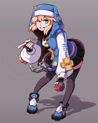 Rule 34 | 1boy, androgyne symbol, androgynous, aqua eyes, arc system works, black skirt, black thighhighs, blonde hair, blush, brand name imitation, bridget (guilty gear), bunijayy, commentary, cross, cuffs, english commentary, fingerless gloves, full body, gloves, green eyes, grey background, grin, guilty gear, guilty gear strive, habit, handcuffs, highres, holding, holding weapon, hood, hood up, hoodie, jacket, jackey, leaning forward, long sleeves, looking at viewer, male focus, medium hair, miniskirt, one eye closed, open clothes, open hoodie, pleated skirt, pointing, pointing at viewer, puffy long sleeves, puffy sleeves, shadow, shoes, simple background, skirt, smile, solo, standing, thighhighs, trap, turtleneck, weapon, wink, yo-yo, zettai ryouiki