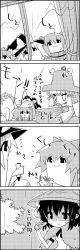 Rule 34 | 2girls, 4koma, arms up, bucket, cirno, comic, commentary request, curtains, dripping, greyscale, hair bobbles, hair ornament, hair ribbon, hat, hat ribbon, highres, ice, ice wings, in bucket, in container, jitome, kirisame marisa, kisume, long sleeves, monochrome, moriya suwako, multiple girls, oil-paper umbrella, open mouth, pen, pom pom (clothes), raincoat, ribbon, rice hat, shaded face, shameimaru aya, smile, tani takeshi, telescope, touhou, translation request, twintails, umbrella, wet, wide sleeves, window, wings, witch hat, wooden bucket, yukkuri shiteitte ne