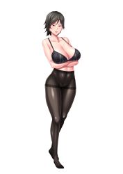 Rule 34 | 00s, 1girl, black hair, breasts, crossed arms, curvy, female focus, full body, game cg, highres, julia bloodstone, kangoku academia, kangoku senkan, large breasts, lilith-soft, looking at viewer, pantyhose, prison academia, red eyes, shiny skin, short hair, sian, solo, standing, tachi-e, transparent background, underwear
