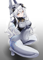 Rule 34 | 1girl, absurdres, ass, bodysuit, breasts, chinese commentary, closed mouth, covered navel, full body, girls&#039; frontline, grey bodysuit, hair ornament, hairclip, hands up, highres, light blush, long hair, looking at viewer, medium breasts, nyto (girls&#039; frontline), one smoke, paradeus, simple background, sitting, skin tight, smile, solo, tareus (girls&#039; frontline), thighs, white hair, yellow eyes