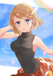 Rule 34 | 1girl, bare arms, blonde hair, blue eyes, breasts, commentary request, creatures (company), day, earrings, eyelashes, game freak, hand up, highres, jewelry, kamonohashi (19881001), looking at viewer, medium breasts, nintendo, open mouth, outdoors, pleated skirt, pokemon, pokemon (anime), pokemon journeys, pokemon swsh105, red skirt, serena (pokemon), short hair, skirt, smile, solo, sparkle, sweater vest