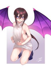 Rule 34 | 00s, 1girl, bare shoulders, bat wings, boots, breasts, brown hair, eyebrows, hair between eyes, halterneck, highres, lady bat, long hair, meme attire, mermaid melody pichi pichi pitch, ohisashiburi, parted lips, pointy ears, ponytail, purple eyes, sidelocks, simple background, slit pupils, small breasts, solo, sweater, tsurime, virgin killer sweater, wings