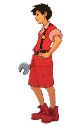 Rule 34 | 1boy, advance wars, advance wars: dual strike, andy (advance wars), black eyes, black hair, boots, full body, hand on own hip, highres, hirata ryou, male focus, military, military uniform, nintendo, official art, profile, short hair, shorts, simple background, sleeves rolled up, smile, solo, standing, star (symbol), suspenders, uniform, wrench