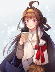 Rule 34 | 1girl, ahoge, alternate costume, bag, black coat, blush, brown hair, closed mouth, coat, coat on shoulders, coffee cup, cup, disposable cup, double bun, hair bun, highres, holding, kantai collection, kasumi (skchkko), kongou (kancolle), lips, long hair, long sleeves, purple eyes, scarf, shoulder bag, smile, solo, upper body, white scarf