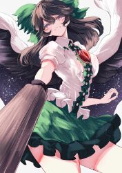 1girl arm_cannon bird_wings black_hair black_wings bow breasts cape control_rod_(touhou) green_bow green_skirt hair_bow highres jan_(lightdragoon) long_hair one-hour_drawing_challenge open_mouth reiuji_utsuho shirt skirt smile solo third_eye third_eye_on_chest touhou weapon wings