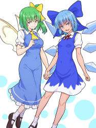 Rule 34 | 2girls, ascot, black footwear, blue bow, blue dress, blue eyes, blue hair, bow, breasts, cirno, closed mouth, collared dress, daiyousei, dotted background, dress, fairy wings, frilled ascot, frilled dress, frills, green eyes, green hair, hair bow, hair ribbon, highres, holding hands, ice, ice wings, kakone, looking at viewer, medium breasts, medium hair, multiple girls, neck ribbon, open mouth, red ribbon, ribbon, short hair, short sleeves, side ponytail, small breasts, smile, socks, tanned cirno, touhou, white background, white legwear, white sleeves, wings, yellow ribbon, yellow wings