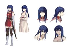 Rule 34 | 1girl, bare shoulders, black thighhighs, blue eyes, blue hair, boots, breasts, caeda (fire emblem), cape, cleavage, collarbone, cropped legs, dress, elbow gloves, expressions, fire emblem, fire emblem: mystery of the emblem, gloves, highres, long sleeves, medium breasts, mik blamike, multiple views, nintendo, pink cape, red dress, sheath, sheathed, simple background, sleeveless, sleeveless dress, sword, thighhighs, turtleneck, turtleneck dress, weapon, white background, white dress, white footwear, zettai ryouiki