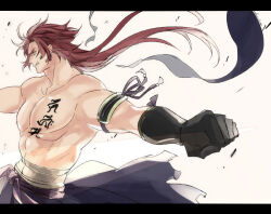 Rule 34 | 1boy, abs, angry, bandaged torso, bara, black gloves, clenched hand, commentary request, furrowed brow, gloves, japanese clothes, looking to the side, male focus, muscular, muscular male, pectorals, reyu, signature, tonbokiri (touken ranbu), topless male, torn clothes, touken ranbu