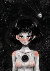 Rule 34 | 1girl, black background, black eyes, black hair, breasts, closed mouth, colored skin, commentary, crisalys, english commentary, grey skin, looking to the side, medium breasts, nipples, nude, original, short hair, shoulder blush, sky, solo, space, spacecraft, star (sky), star (symbol), starry background, starry sky, upper body