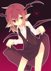 Rule 34 | 1girl, akimaki yuu, bat wings, bent over, blush, clothes lift, gradient background, head wings, heart, highres, koakuma, long sleeves, looking to the side, no panties, pointy ears, red eyes, red hair, shirt, short hair, skirt, skirt lift, skirt set, smile, solo, spoken heart, touhou, vest, wings