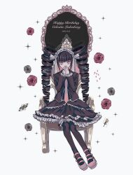 Rule 34 | 1girl, black thighhighs, blunt bangs, brown eyes, celestia ludenberg, chair, character name, danganronpa: trigger happy havoc, danganronpa (series), dated, dress, drill hair, earrings, flower, frilled dress, frilled jacket, frilled skirt, frills, full body, gothic lolita, hands up, happy birthday, highres, interlocked fingers, jacket, jewelry, layered skirt, lolita fashion, necktie, pisapipi, rose, shoes, simple background, sitting, skirt, solo, sparkle, thighhighs, twin drills, twintails, white background
