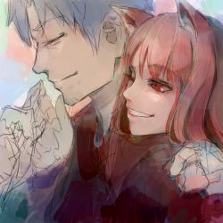 Rule 34 | 1boy, 1girl, animal ears, brown hair, craft lawrence, closed eyes, face, first forest, grin, holo, red eyes, silver hair, sketch, smile, spice and wolf, wolf ears