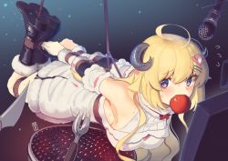 1girl, ahoge, apple, bdsm, blonde hair, bondage, boots, bound, detached sleeves, dress, food, fruit, gradient, gradient background, grill, hair ornament, hairclip, highres, hogtie, hololive, horns, kaddo, kitchen knife, long hair, microphone, mouth hold, purple eyes, rope, screen, sheep horns, suspension, tsunomaki watame, virtual youtuber, white dress
