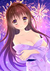 Rule 34 | 10s, 1girl, aerial fireworks, alternate costume, bad id, bad pixiv id, blush, breasts, brown eyes, brown hair, cleavage, collarbone, dutch angle, female focus, fireworks, hair down, japanese clothes, kantai collection, kimono, large breasts, long hair, looking at viewer, multicolored eyes, off shoulder, outdoors, purple eyes, smile, solo, upper body, yamato (kancolle), yukata, yuzukaze rio