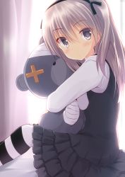 Rule 34 | 10s, 1girl, akane souichi, backlighting, black dress, black pantyhose, blouse, blush, boko (girls und panzer), closed mouth, curtains, day, dress, from side, girls und panzer, grey hair, hair between eyes, hugging object, indoors, long hair, long sleeves, looking at viewer, one side up, pantyhose, shimada arisu, shirt, sitting, solo, striped clothes, striped pantyhose, stuffed animal, stuffed toy, teddy bear, white pantyhose, white shirt