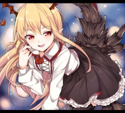Rule 34 | 10s, 1girl, :d, black thighhighs, blonde hair, blush, dress, fang, granblue fantasy, haruyuki (yukichasoba), long hair, looking at viewer, multiple tails, open mouth, pointy ears, red eyes, shingeki no bahamut, smile, solo, tail, thighhighs, vampire, vampy