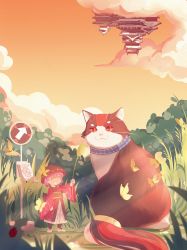 Rule 34 | 1girl, black socks, blurry, blurry foreground, blush, bowl, bowl hat, bug, building, bush, butterfly, cat, cattail, closed eyes, cloud, facing another, grass, grin, hat, highres, holding, insect, japanese clothes, kijin seija, kimono, ladybug, long sleeves, luqingtaofeixing, mini person, minigirl, obi, plant, purple hair, red kimono, road sign, sash, shining needle castle, shoes, short hair, sign, sky, smile, socks, solo, sukuna shinmyoumaru, teeth, touhou, wanted, white footwear, wide sleeves, yellow butterfly