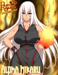 Rule 34 | 1girl, agawa ryou, artist name, bare shoulders, breasts, curvy, female focus, fingerless gloves, fire, fire, gloves, hand on own hip, large breasts, long hair, magic, red eyes, solo, standing, watermark, web address, white hair, wide hips