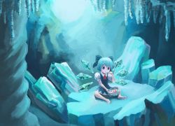 Rule 34 | 1girl, barefoot, blue dress, blue eyes, blue hair, bow, cave, cirno, commentary, dress, eating, faux traditional media, food, hair bow, highres, ice, ice cream, ice wings, looking down, matching hair/eyes, puffy short sleeves, puffy sleeves, reddizen, ribbon, short hair, short sleeves, sitting, solo, spoon, stalactite, touhou, wings