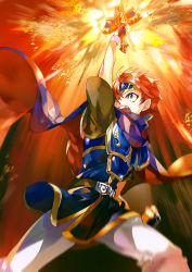 Rule 34 | 1boy, :o, armor, belt, blue eyes, cape, clenched hand, explosion, fire, fire emblem, fire emblem: the binding blade, flaming sword, flaming weapon, hand up, headband, holding, holding sword, holding weapon, legs apart, male focus, nintendo, noki (affabile), one eye covered, open mouth, pants, red hair, roy (fire emblem), solo, standing, super smash bros., sword, teeth, weapon