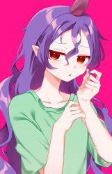 Rule 34 | 1girl, absurdres, collarbone, commentary request, fingernails, green shirt, hair between eyes, hands up, highres, horns, long fingernails, long hair, looking to the side, milll 77, open mouth, pink background, pointy ears, purple hair, red eyes, shirt, short sleeves, simple background, single horn, solo, standing, t-shirt, tenkajin chiyari, touhou, wavy hair
