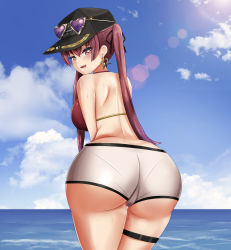 Rule 34 | 1girl, absurdres, ass, bare shoulders, baseball cap, bikini, bikini top only, blush, breasts, come hither, danzfloor, fang, from behind, hat, heterochromia, highres, hololive, houshou marine, huge ass, large breasts, leaning, leaning forward, long hair, looking at viewer, looking back, naughty face, open mouth, red eyes, red hair, shiny clothes, shiny skin, short shorts, shorts, sideboob, smile, solo, swimsuit, thigh strap, twintails, very long hair, virtual youtuber, yellow eyes