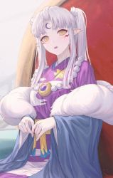 Rule 34 | 1girl, blush, brown eyes, crescent, egasumi, facial mark, forehead mark, fur trim, hiera12, inuyasha, japanese clothes, jewelry, kimono, long hair, long sleeves, looking at viewer, necklace, parted bangs, parted lips, pearl necklace, pointy ears, print kimono, purple kimono, purple lips, sesshoumaru&#039;s mother, sidelocks, silver hair, sleeves past wrists, solo, twintails, wide sleeves