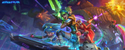 Rule 34 | 3girls, alternate costume, centaur, cropped jacket, explosion, glowing, glowing weapon, gun, hat, hecarim, highres, league of legends, licking lips, monster, multiple girls, pixelated, rainbow, riven (league of legends), miss fortune (league of legends), sona (league of legends), su-ke, sword, taur, tongue, tongue out, weapon