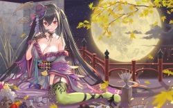 Rule 34 | 1girl, ahoge, alternate costume, apple, asymmetrical legwear, autumn leaves, azur lane, bare shoulders, black hair, black ribbon, branch, breasts, cleavage, cloud, commentary request, cup, earrings, flower, food, fruit, full moon, garter straps, gloves, grapes, green thighhighs, grey kimono, hair between eyes, hair flower, hair ornament, hat, highres, japanese clothes, jewelry, kanzashi, kimono, large breasts, leaf, long hair, looking at viewer, manjuu (azur lane), maple leaf, mini hat, mismatched legwear, moon, nanam (nanam sk), no shoes, obi, off shoulder, orange (fruit), pouring, purple thighhighs, red eyes, ribbon, sash, sitting, sky, solo, star (sky), starry sky, striped clothes, striped thighhighs, taihou (azur lane), thighhighs, twintails, very long hair, wide sleeves