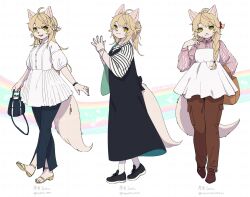 Rule 34 | 1girl, :3, ahoge, animal ears, bag, black dress, blonde hair, bracelet, braid, brown pants, dog ears, dog tail, dress, fashion, full body, furry, furry female, handbag, highres, jewelry, ko-on (ningen zoo), long dress, long sleeves, looking at viewer, open mouth, original, own hands together, pants, pants under dress, ponytail, shirt, shoes, side braid, single braid, smile, solo, standing, striped clothes, striped shirt, tail, twitter username, white dress, yellow eyes
