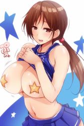 Rule 34 | 1girl, bare shoulders, blush, bouncing breasts, breasts, brown eyes, brown hair, cheerleader, clothes lift, female focus, goban, large breasts, long hair, looking at viewer, navel, pasties, ponytail, scrunchie, shirt lift, sleeveless, smile, solo, star (symbol), star pasties, starry background, sweat