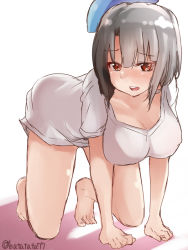 Rule 34 | 10s, 1girl, all fours, bare legs, barefoot, batatata77, beret, black hair, bob cut, breasts, cleavage, feet, full body, hanging breasts, hat, kantai collection, large breasts, looking at viewer, open mouth, red eyes, shirt, short hair, simple background, solo, takao (kancolle), tongue, white background