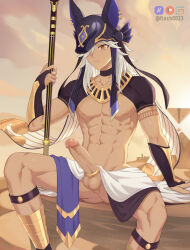1boy censored clothing_request cock_ring cyno_(genshin_impact) desert egyptian_clothes erection expressionless finch_(blanc1771) genshin_impact grey_hair holding holding_staff long_hair mosaic_censoring muscular muscular_male navel orange_eyes paid_reward_available penis sex_toy spread_legs staff testicles yaoi