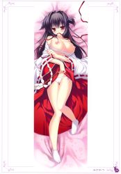 Rule 34 | 1girl, absurdres, black hair, breasts, clothes lift, copyright request, dakimakura (medium), full body, gohei, hakama, hakama skirt, highres, japanese clothes, kimono, kimono lift, large breasts, lying, mikeou, miko, mouth hold, nipples, oonusa, open clothes, open kimono, panties, red eyes, red hakama, ribbon, sarashi, side-tie panties, skirt, solo, two side up, underwear, white panties