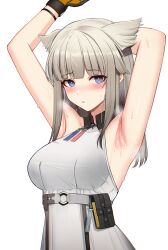 Rule 34 | 1girl, absurdres, animal ears, arknights, arknights: endfield, arm behind head, armpits, arms up, ateoyh, blonde hair, blue eyes, blush, breasts, closed mouth, extra ears, gloves, highres, long hair, looking at viewer, medium breasts, perlica (arknights), pouch, simple background, sleeveless, solo, sweat, upper body, white background