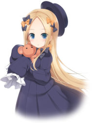 Rule 34 | 1girl, :o, abigail williams (fate), black bow, black dress, black hat, blonde hair, blue eyes, blush, bow, commentary request, dress, fate/grand order, fate (series), forehead, hair bow, hat, highres, hugging object, long hair, long sleeves, looking at viewer, orange bow, parted bangs, parted lips, polka dot, polka dot bow, shirasu youichi, simple background, sleeves past fingers, sleeves past wrists, solo, stuffed animal, stuffed toy, teddy bear, very long hair, white background