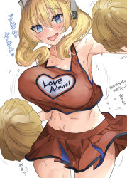 Rule 34 | 1girl, @ @, alternate costume, alternate hairstyle, blonde hair, blue eyes, blush, bouncing breasts, breasts, cheerleader, clothes writing, colorado (kancolle), commentary request, crop top, hair between eyes, headgear, heart, highres, kantai collection, large breasts, mizuta kenji, one-hour drawing challenge, open mouth, pleated skirt, pom pom (cheerleading), simple background, skirt, sleeveless, solo, sweat, translation request, twintails, twitter username, wavy mouth, white background