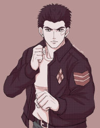 Rule 34 | 1boy, absurdres, bandage on face, bandages, belt, belt buckle, black hair, brown jacket, buckle, clenched hands, denim, fighting stance, hazuki ryou, highres, jacket, jeans, leather, leather jacket, looking at viewer, monami 1999, pants, patch, serious, shenmue, shenmue the animation, shirt, signature, simple background, sketch, solo, spiked hair, t-shirt, white shirt