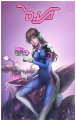 Rule 34 | 1girl, 2016, acronym, animal print, armor, artist name, bodysuit, boots, bracer, breasts, brown eyes, brown hair, character name, covered navel, cowboy shot, d.va (overwatch), eyelashes, facepaint, facial mark, gloves, gun, hand up, handgun, headphones, highres, holding, holding gun, holding weapon, legs apart, lipstick, long hair, long sleeves, looking at viewer, makeup, matching hair/eyes, medium breasts, motor vehicle, motorcycle, nose, overwatch, overwatch 1, parted lips, pauldrons, pilot suit, pink lips, rabbit print, ribbed bodysuit, shoulder armor, shoulder pads, signature, skin tight, smile, solo, standing, standing on one leg, thigh boots, thigh strap, thighhighs, trigger discipline, turtleneck, vehicle, weapon, whisker markings, white footwear, white gloves